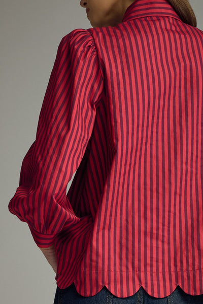 Stripe Self-Tie Neck Puff Sleeve Top: Red Brown