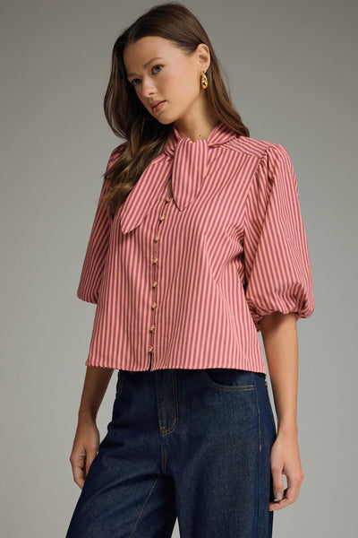 Stripe Self-Tie Neck Short Puff Sleeve Top: Wine