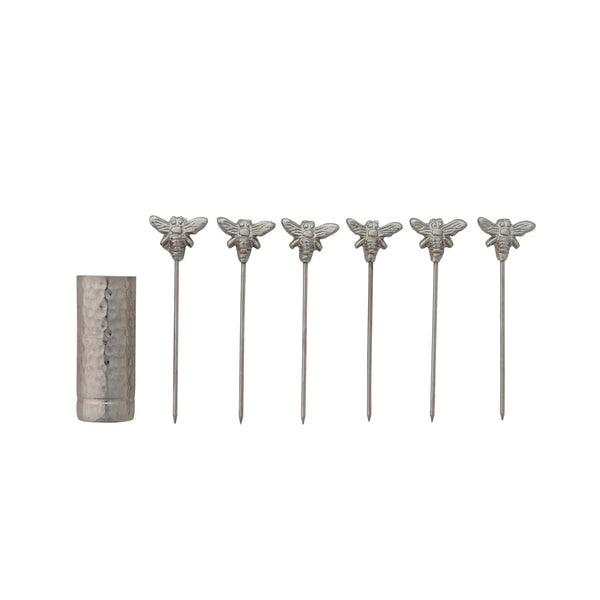 Aluminum Holder with (6) Stainless Steel Appetizer Picks with Bee Handles, Boxed Set of 7