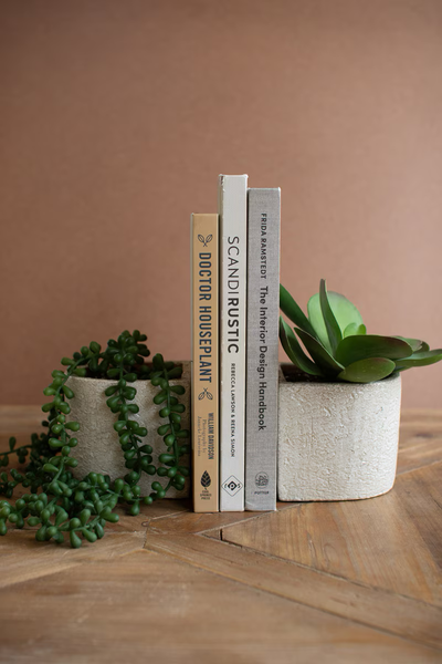 White Concrete Bookend Planters, pair