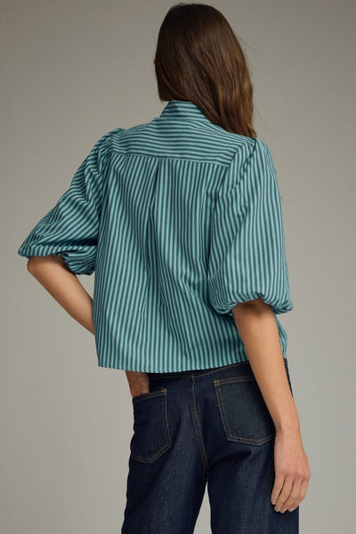 Stripe Self-Tie Neck Short Puff Sleeve Top: Blue