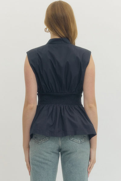 Solid Sleeveless Zip Up Top - Navy