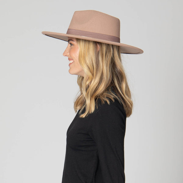 Taupe Fedora with Pinch Crown and Gold Trim