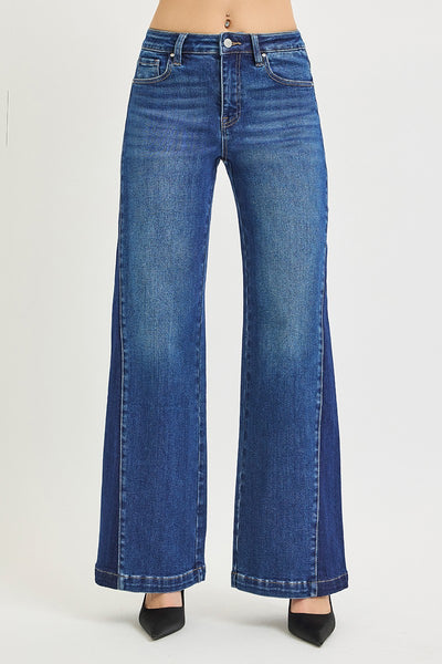 High Rise Wide Leg Contrast Side Panel Jeans