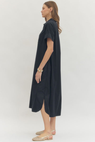 Solid Short Sleeve Midi Dress: Navy