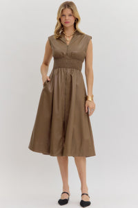 Faux Leather Zip-Up Smocked Waist Midi Dress in Mocha