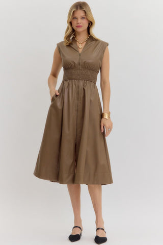 Faux Leather Zip-Up Smocked Waist Midi Dress in Mocha