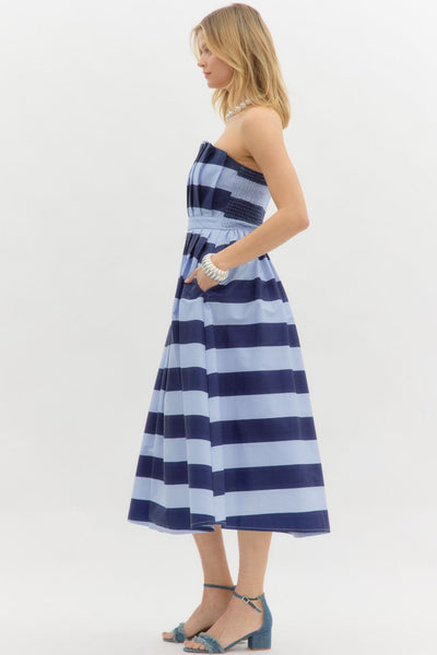 Navy Stripe Cotton Strapless Midi Dress