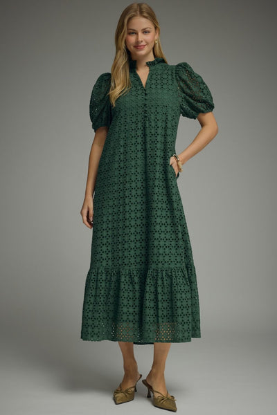 Eyelet Short Puff Sleeve Midi Dress: Green