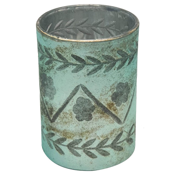 Antique French Blue Etched Petite Candle Holder