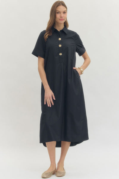 Solid Short Sleeve Midi Dress: Navy