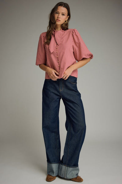 Stripe Self-Tie Neck Short Puff Sleeve Top: Wine