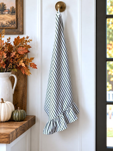 Stay Put Towel - Green Ticking Stripe Ruffle