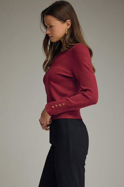 Solid Round Neck Long Sleeve Knit Top: Wine