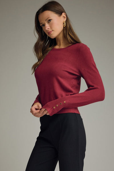 Solid Round Neck Long Sleeve Knit Top: Wine