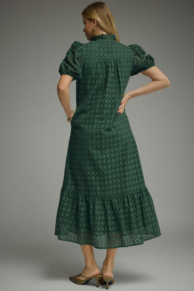 Eyelet Short Puff Sleeve Midi Dress: Green