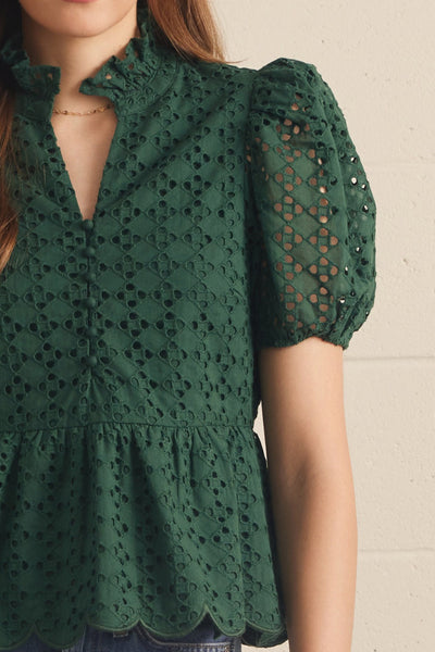 Solid Eyelet Puff Sleeve Top: Green