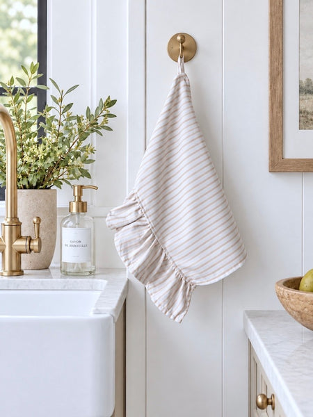 Stay Put Towel - Tan Ticking Stripe Ruffle