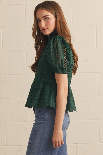 Solid Eyelet Puff Sleeve Top: Green