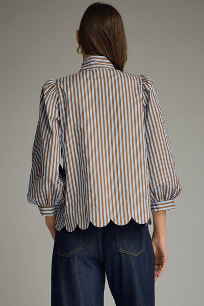 Stripe Self-Tie Neck Puff Sleeve Top: Blue Brown
