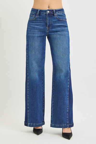 High Rise Wide Leg Contrast Side Panel Jeans