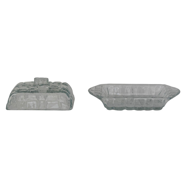 Pressed Glass Butter Dish with Grid Pattern