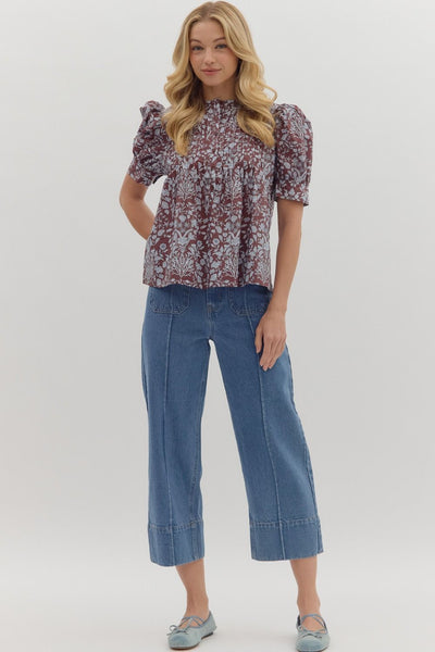 Brown Floral Puff Sleeve Pintuck Top