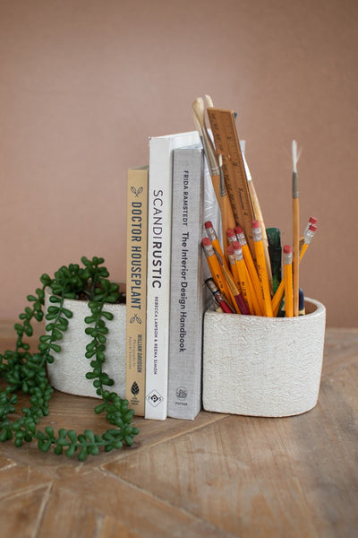 White Concrete Bookend Planters, pair