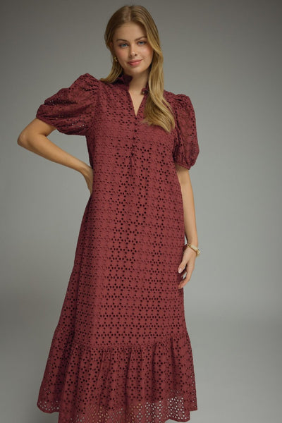 Eyelet Short Puff Sleeve Midi Dress: Burgundy