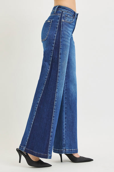 High Rise Wide Leg Contrast Side Panel Jeans