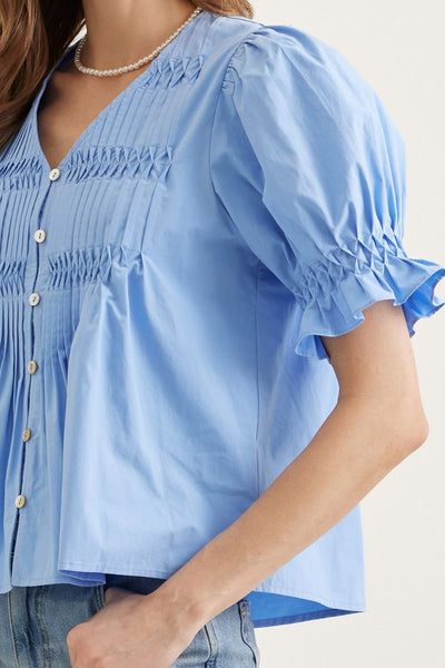 Short Sleeve Puff Sleeve Top - Chambray Blue