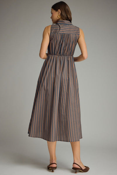 Stripe Tie Accent Dress - Navy/Brown