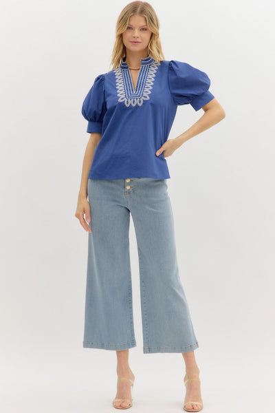 Embroidered V-Neck Puff Sleeve Top