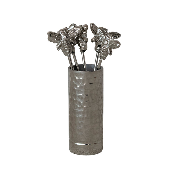 Aluminum Holder with (6) Stainless Steel Appetizer Picks with Bee Handles, Boxed Set of 7