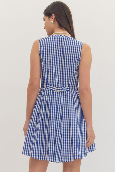 Gingham Zip Up Mini Dress - Navy Blue