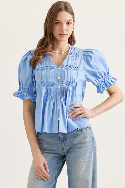 Short Sleeve Puff Sleeve Top - Chambray Blue