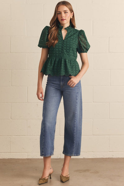 Solid Eyelet Puff Sleeve Top: Green