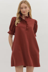 Burgundy Puff Sleeve Ruffle Collar Mini Dress