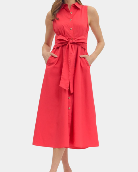 Button Down Tie Dress - Red
