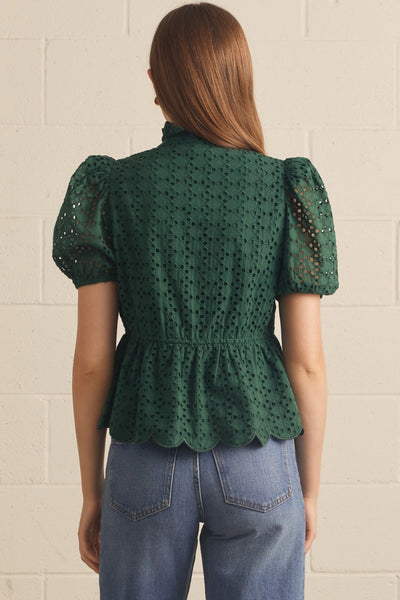 Solid Eyelet Puff Sleeve Top: Green