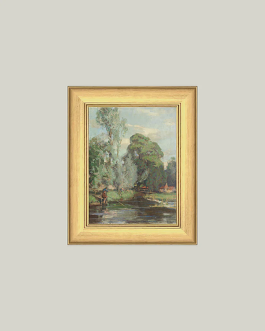 Fishing by a riverside, 1900s by Robert Hope 9x11 Simple Brass