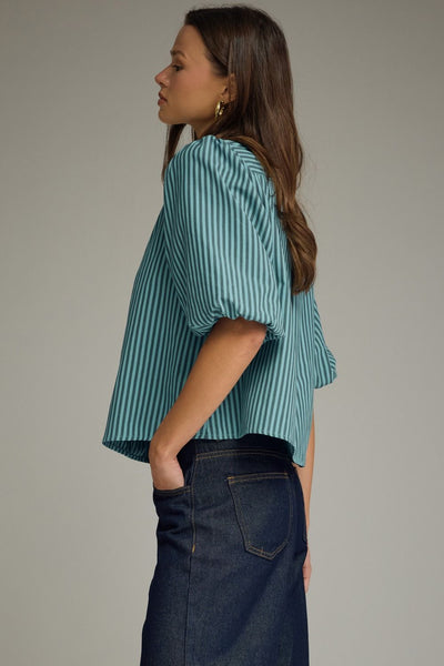 Stripe Self-Tie Neck Short Puff Sleeve Top: Blue