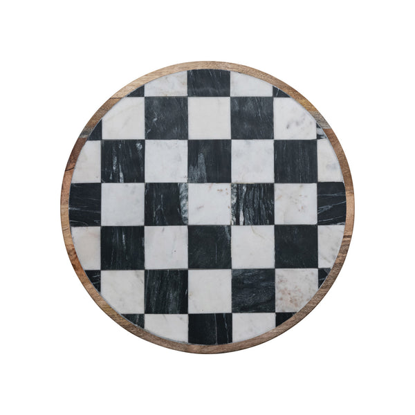 Mango Wood & Marble Check Lazy Susan, White, Black & Natural (Each One Will Vary)
