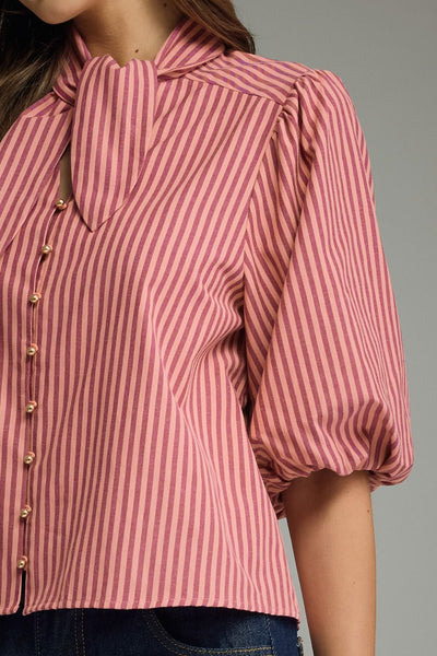Stripe Self-Tie Neck Short Puff Sleeve Top: Wine