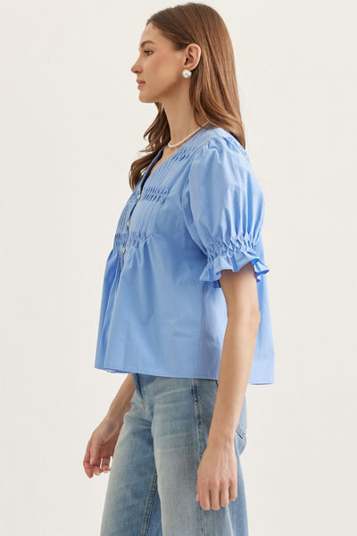 Short Sleeve Puff Sleeve Top - Chambray Blue