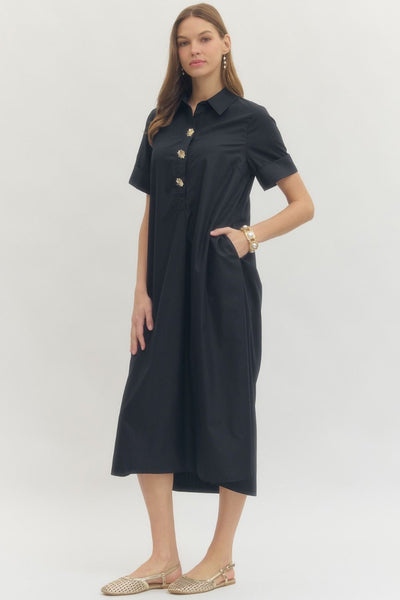 Solid Short Sleeve Midi Dress: Navy