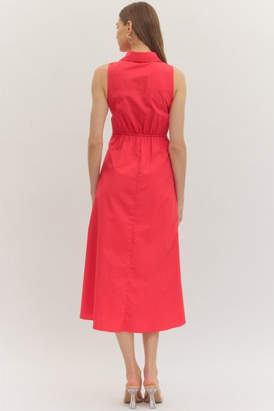 Button Down Tie Dress - Red