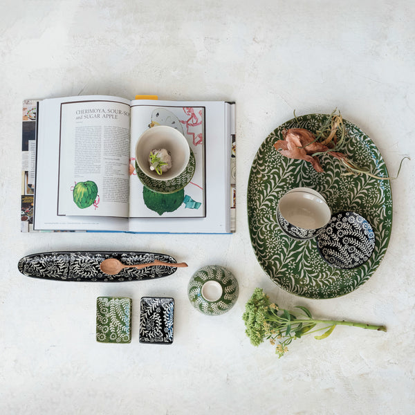 Stoneware Platter w/ Wax Relief Botanicals