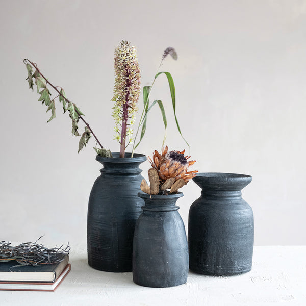 Approximately 7" Round x 10"H Found Wood Container, Black (Each One Will Vary)