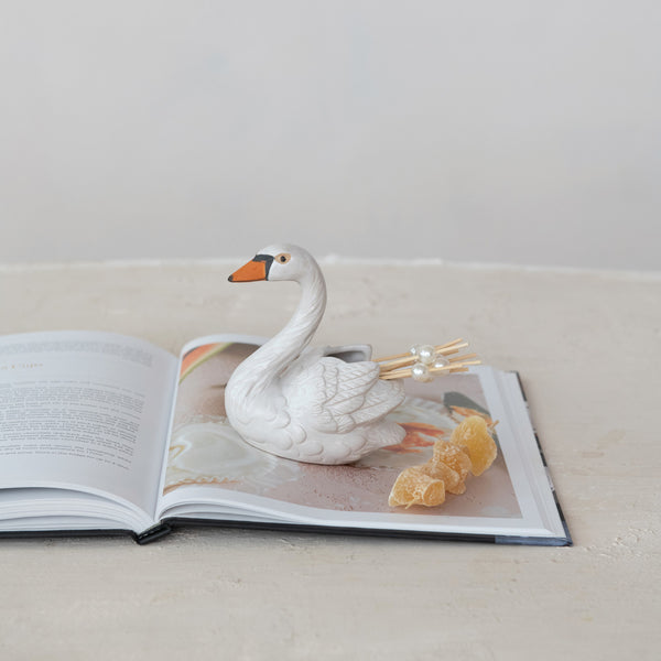 Stoneware Swan Shaped Toothpick Holder, White, Orange Color & Black